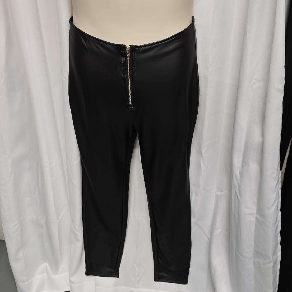 Black Faux Leather Pants with Gold Zipper